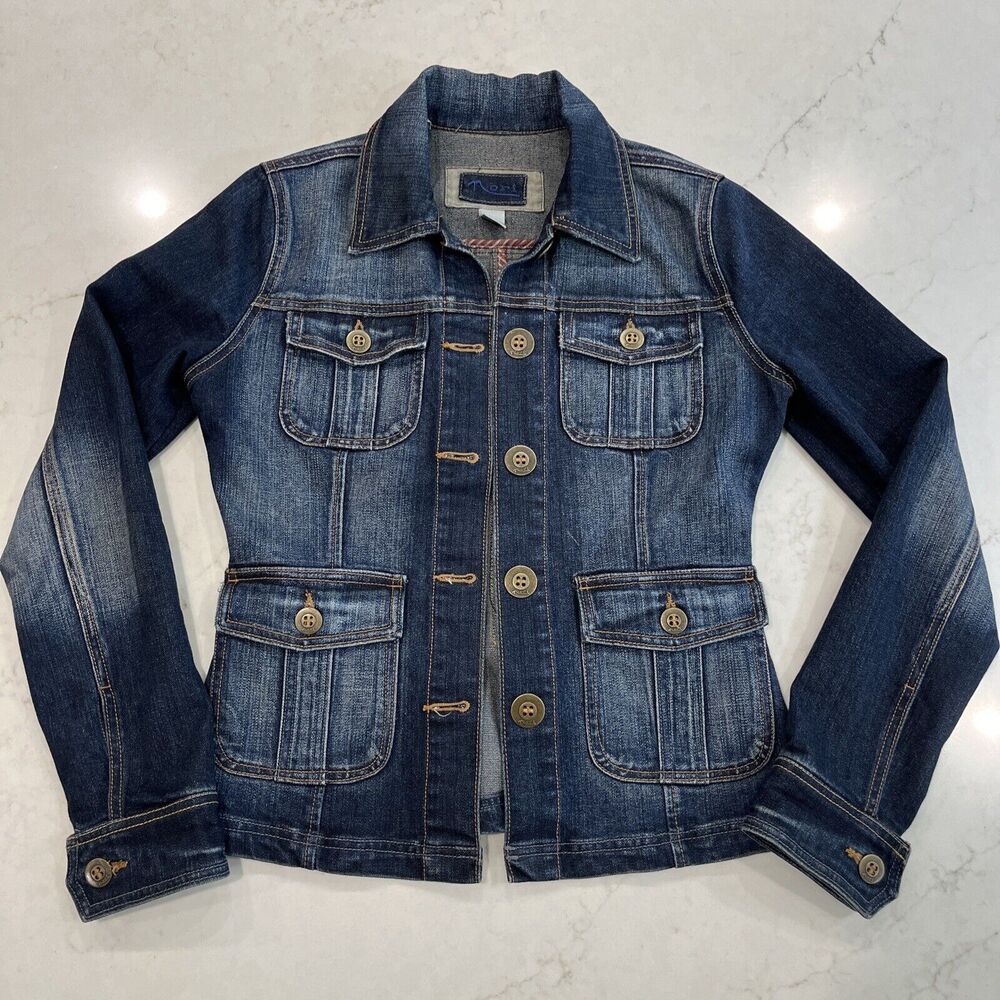 Nori Denim Jean Jacket Womens Sz M Structured Fit Stretch Pockets Big Button Y2K